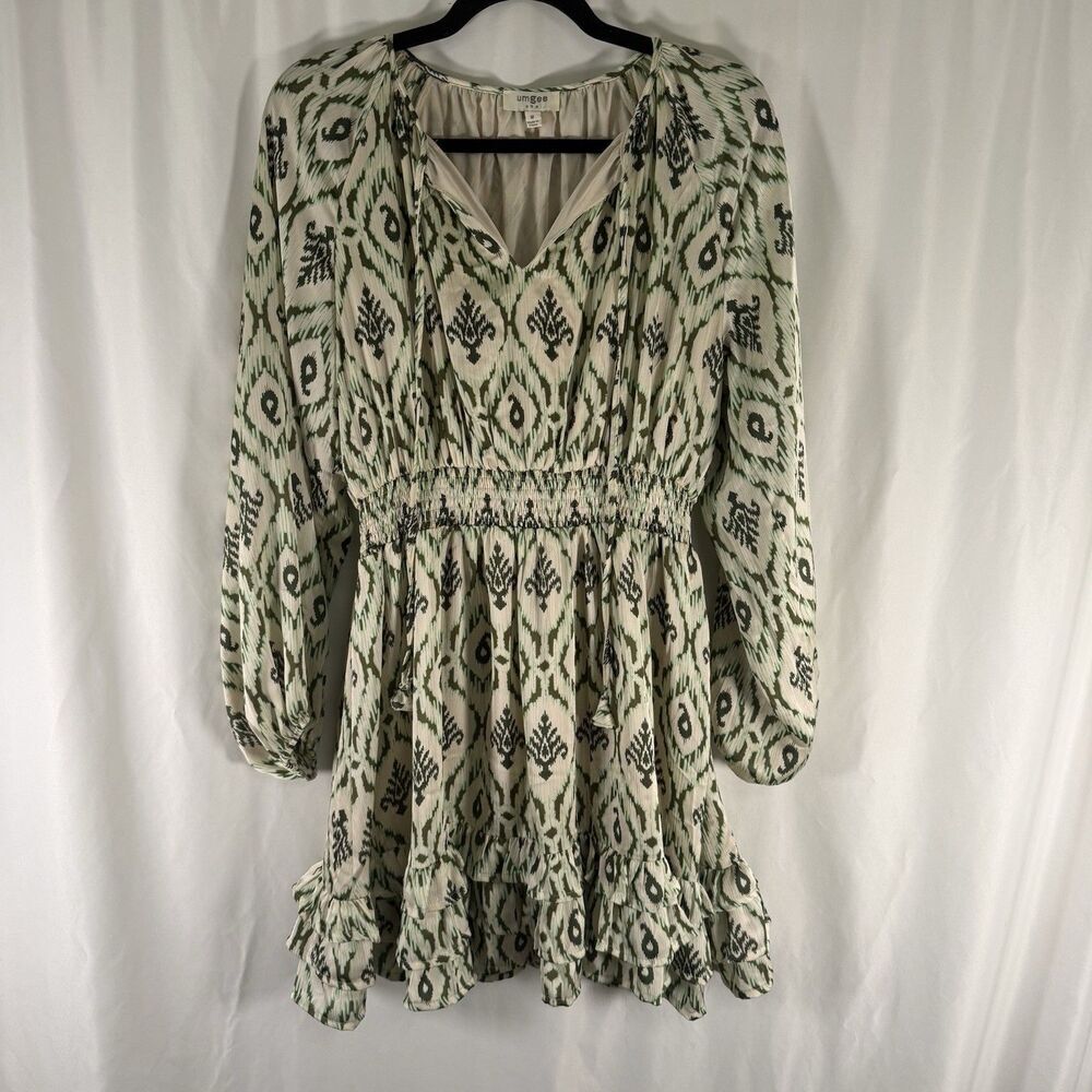 UMGEE Knee Length Dress Women's Medium Ivory Green Vneck Tassels Long Sleeve